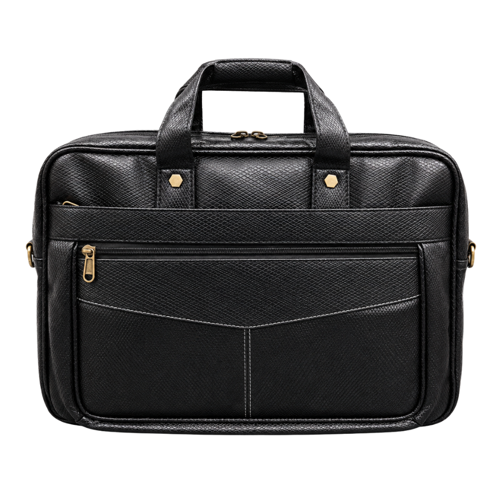Front view of a black textured faux leather laptop briefcase with gold hardware.