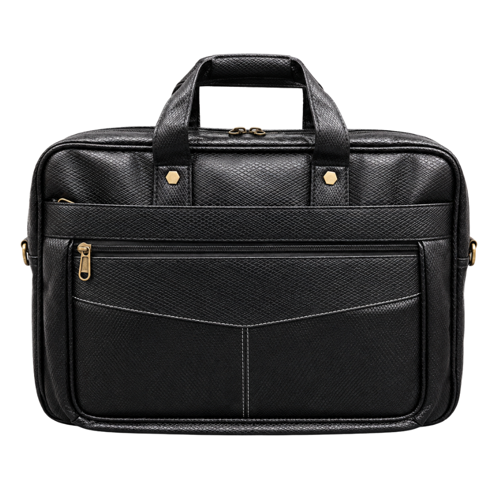 A professional black textured faux leather laptop briefcase with gold-tone hardware isolated on a white background.