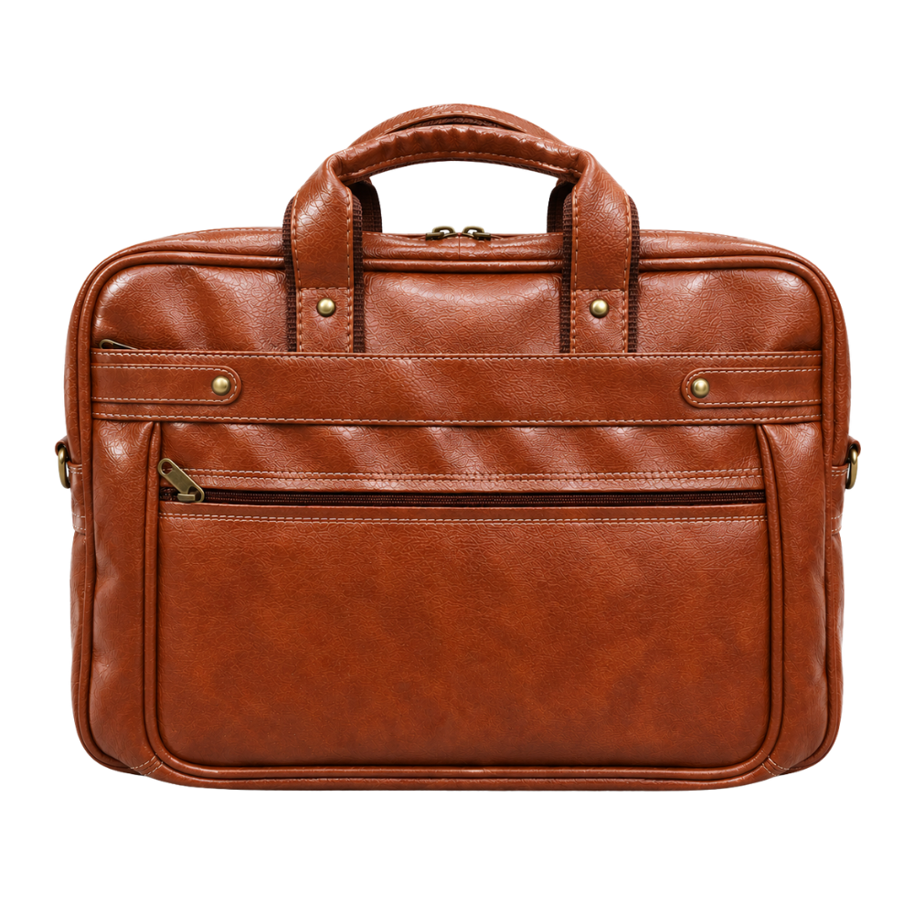 A brown faux leather executive laptop briefcase with top handles and zippered compartments on a white background.