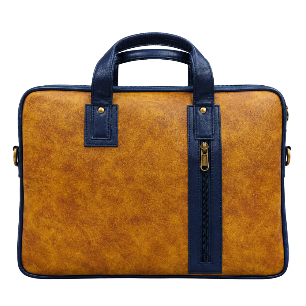 Professional tan and navy blue faux leather laptop briefcase isolated on white background.