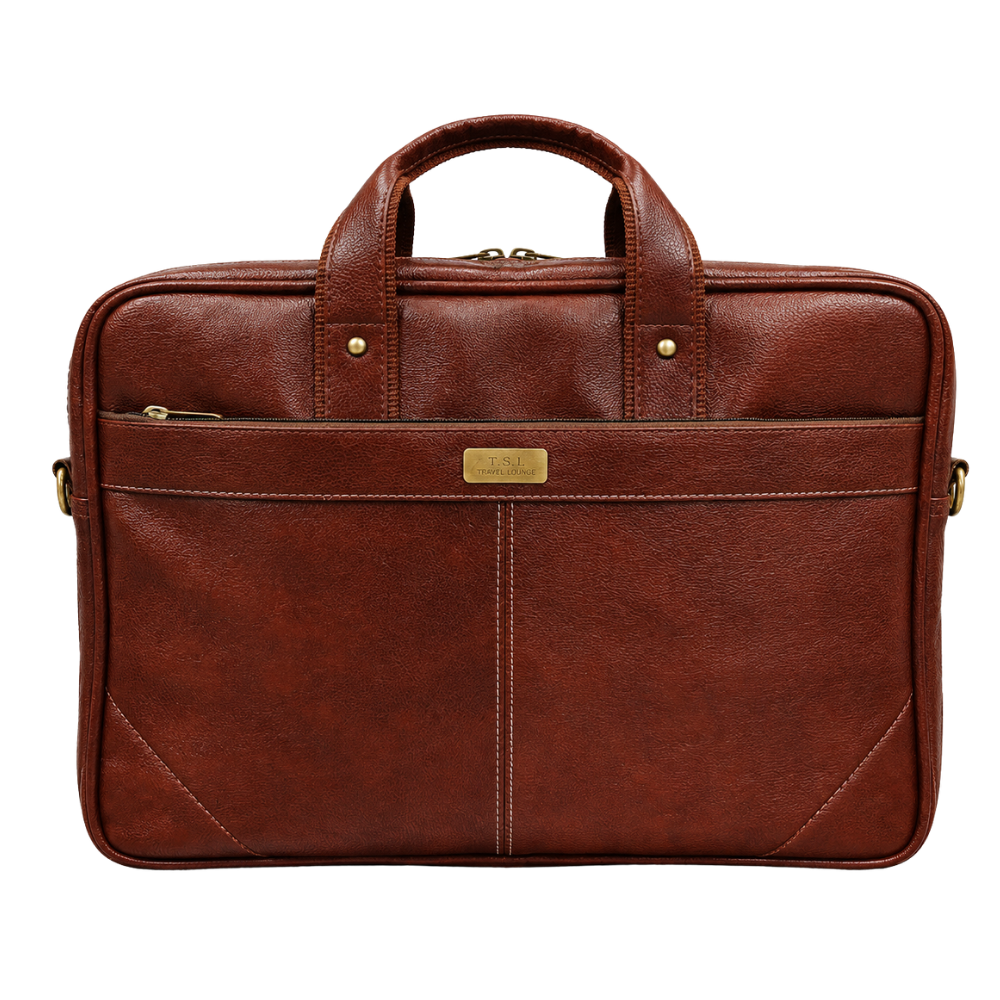 A professional brown faux leather laptop briefcase with top handles and a T.S.L. Travel Lounge metal brand plate.