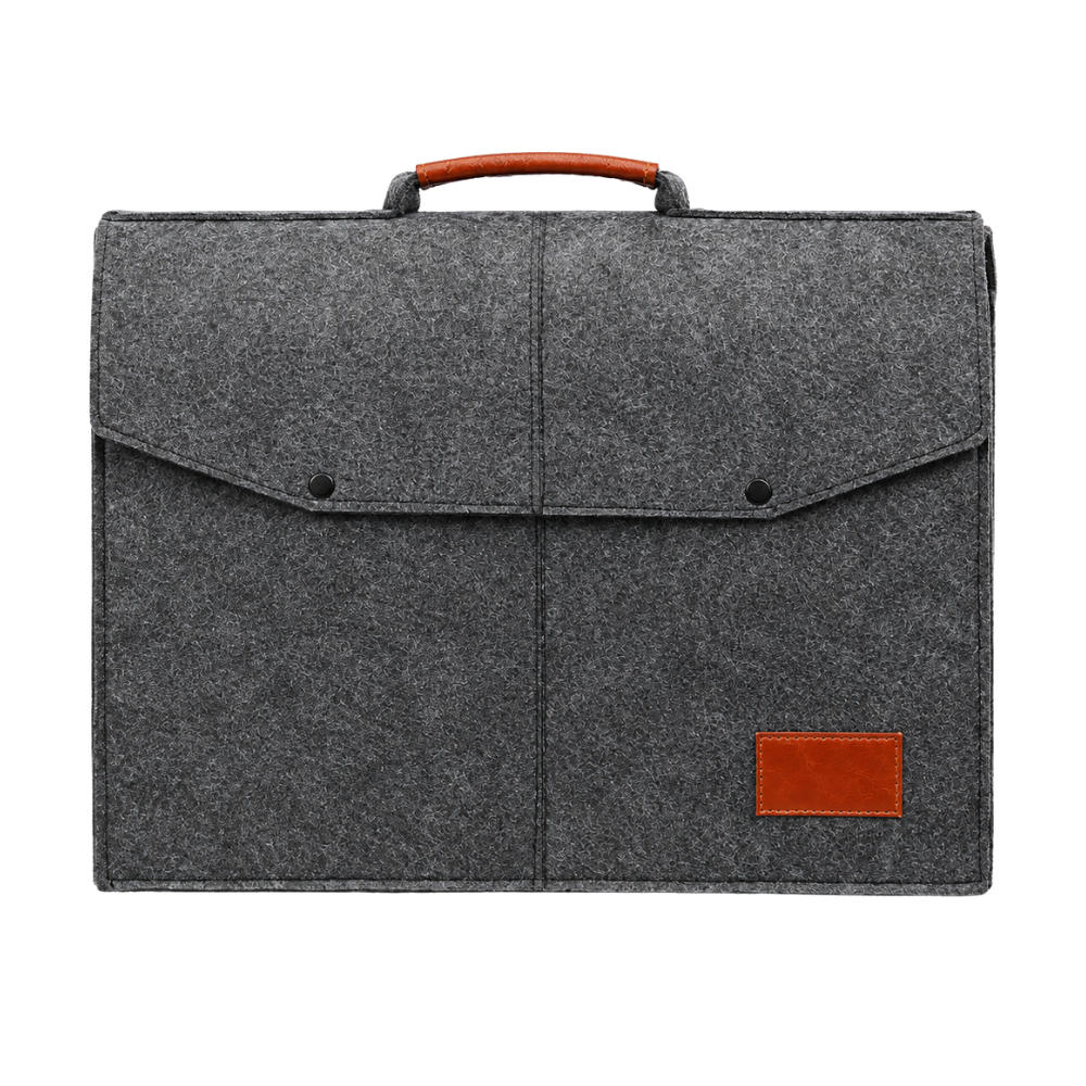A dark grey felt laptop briefcase with a tan faux-leather handle and branding patch, isolated on a white background.