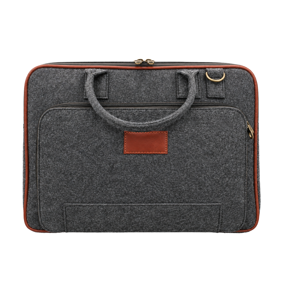 A charcoal gray felt laptop briefcase with brown faux-leather trim and a branding patch, isolated on a white background.