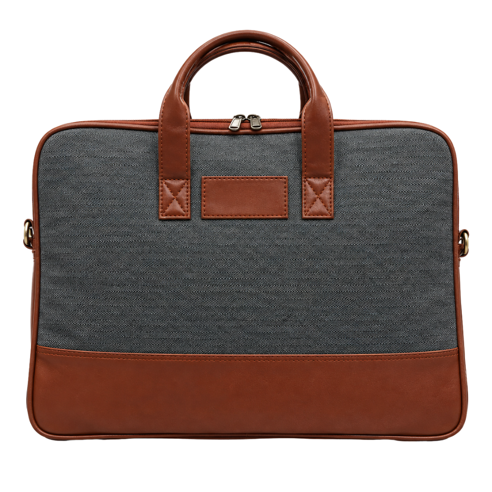 A professional laptop briefcase with a charcoal herringbone fabric body and brown faux-leather trim, isolated on a white background.