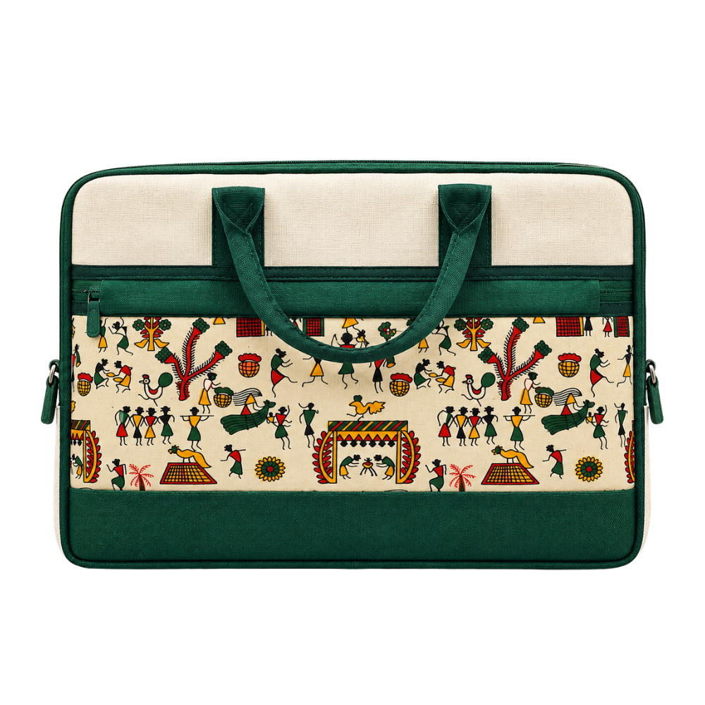 A laptop sleeve with a cream-colored body featuring a traditional Warli art pattern, dark green handles, and a front zipper pocket.