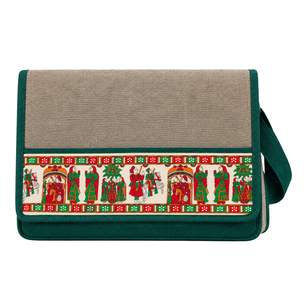A structured portfolio bag with a neutral-toned fabric top and a vibrant folk-art patterned band across the center, framed with forest green trim.