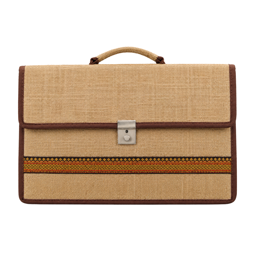 A tan woven fabric document briefcase with a geometric orange and yellow band and a metallic snap closure.