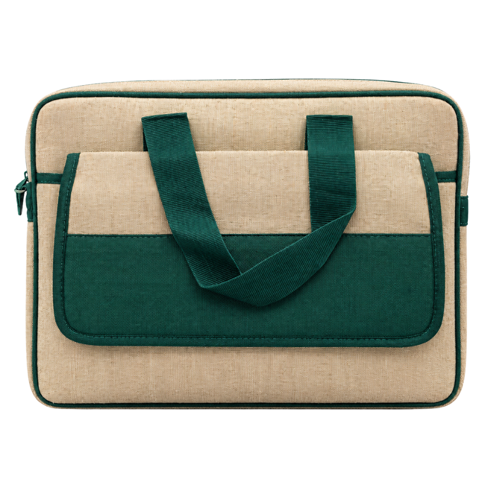 A tan and dark green two-tone canvas laptop sleeve with integrated handles, isolated on a white background.