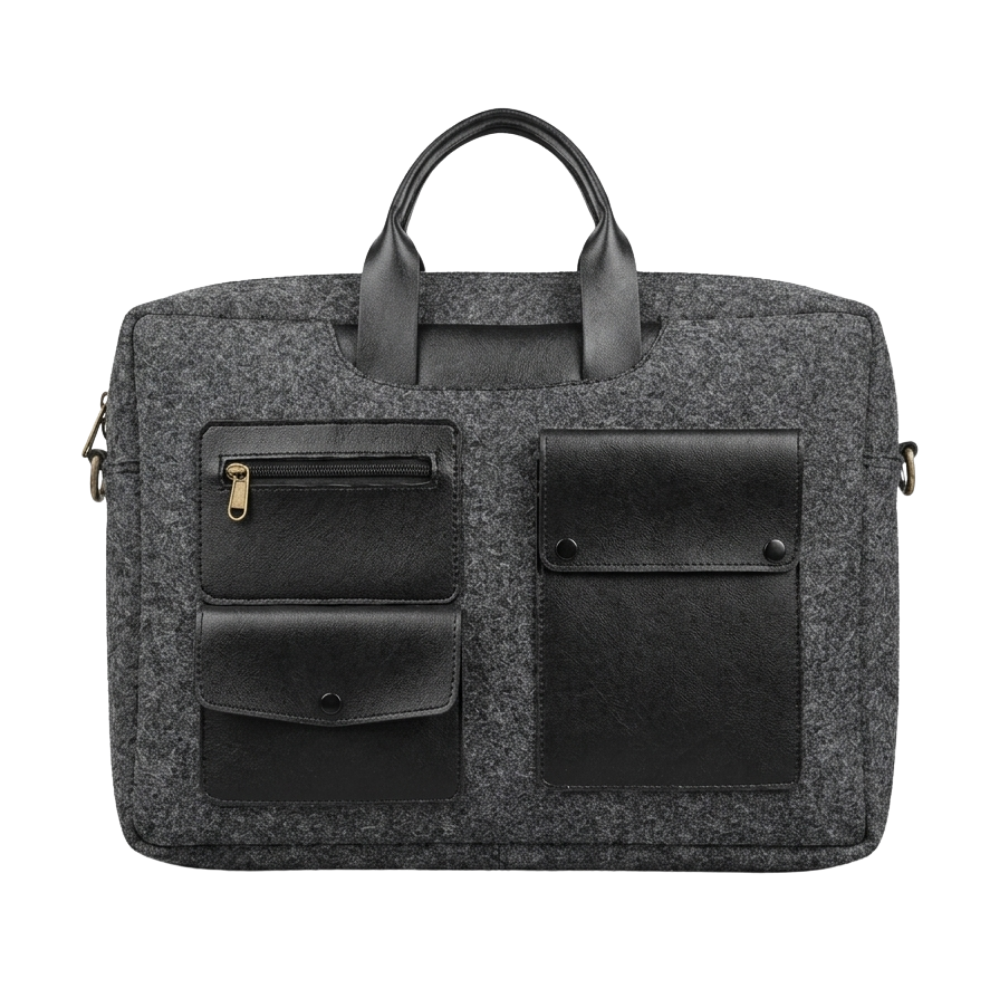 A charcoal grey felt laptop briefcase with black faux leather pockets and handles isolated on a white background.