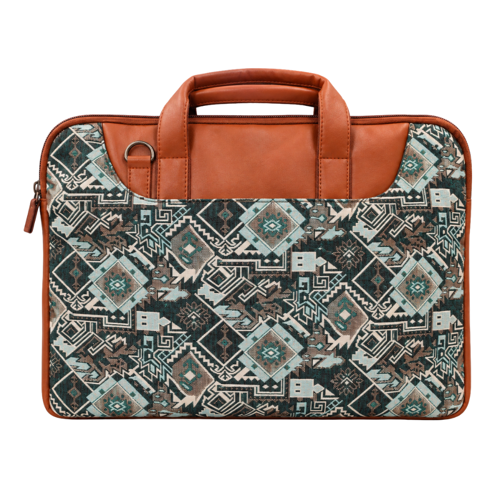 A laptop briefcase with a geometric patterned fabric body and tan faux leather handles.