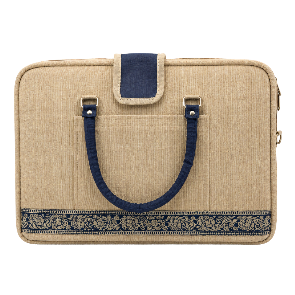 A tan fabric laptop briefcase with navy blue floral trim and a top handle, isolated on a white background.
