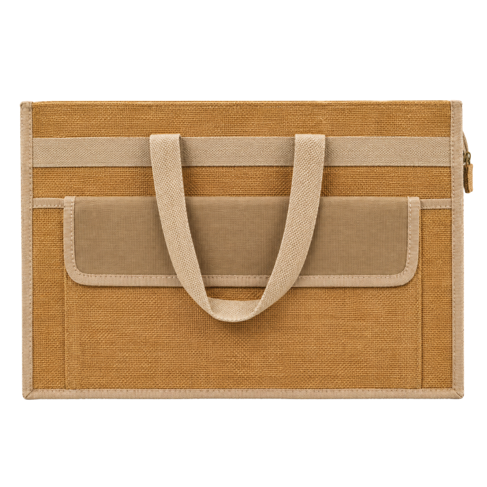 A professional document portfolio bag made of golden-brown jute with tan handles and trim.