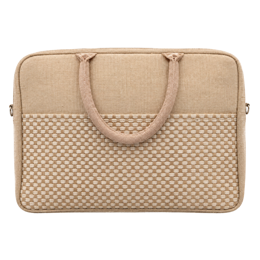 A tan laptop sleeve with a woven basket-weave lower panel and top handles, isolated on a white background.