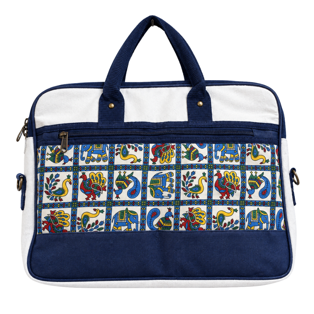 A navy blue and white laptop briefcase with a colorful folk-art pattern of elephants and birds.